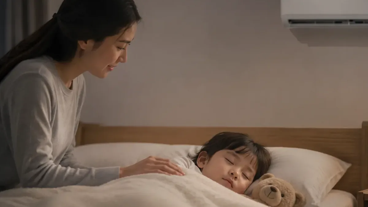แม่ดูแลลูกที่นอนสบายในห้องแอร์ด้วยบรรยากาศอ่อนโยน