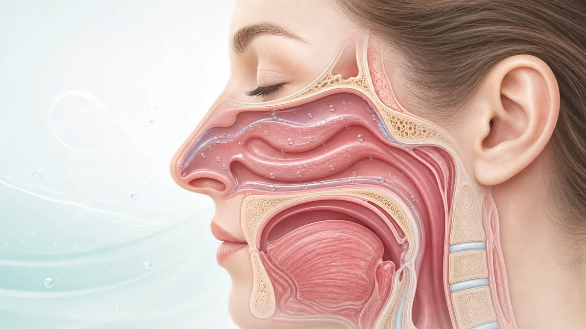 ภาพอธิบายพื้นผิวเยื่อบุจมูกและชั้นความชุ่มชื้นบางบนผิวเยื่อบุ