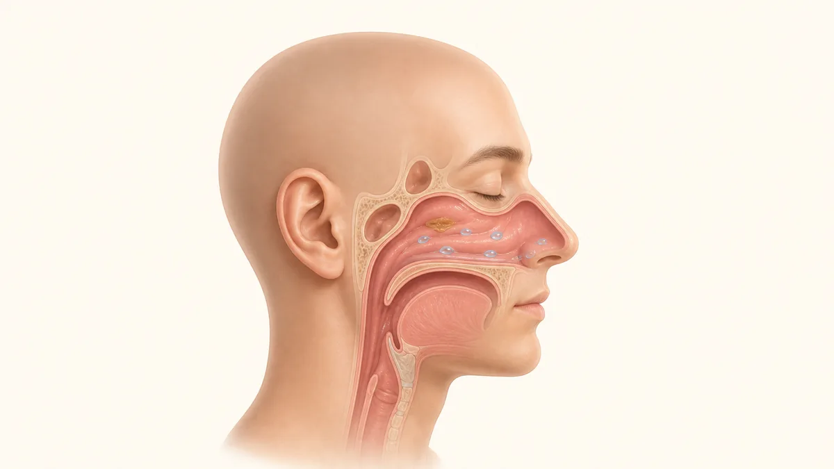 ภาพอธิบายโพรงจมูกที่มีสะเก็ดแห้งเล็กน้อยและความชุ่มชื้นรอบเยื่อบุ