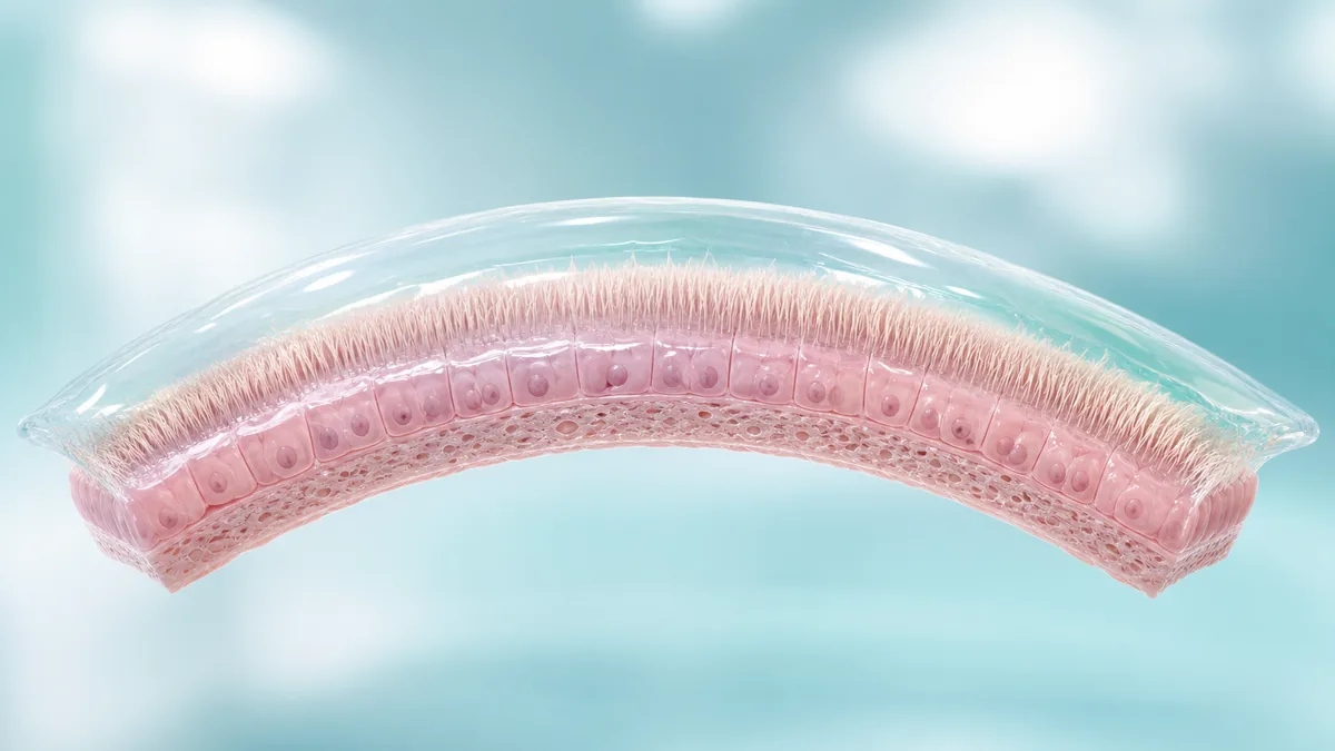 ภาพชั้นฟิล์มบางโปร่งใสแนบอยู่เหนือผิวเยื่อบุจมูกและขนกวัด