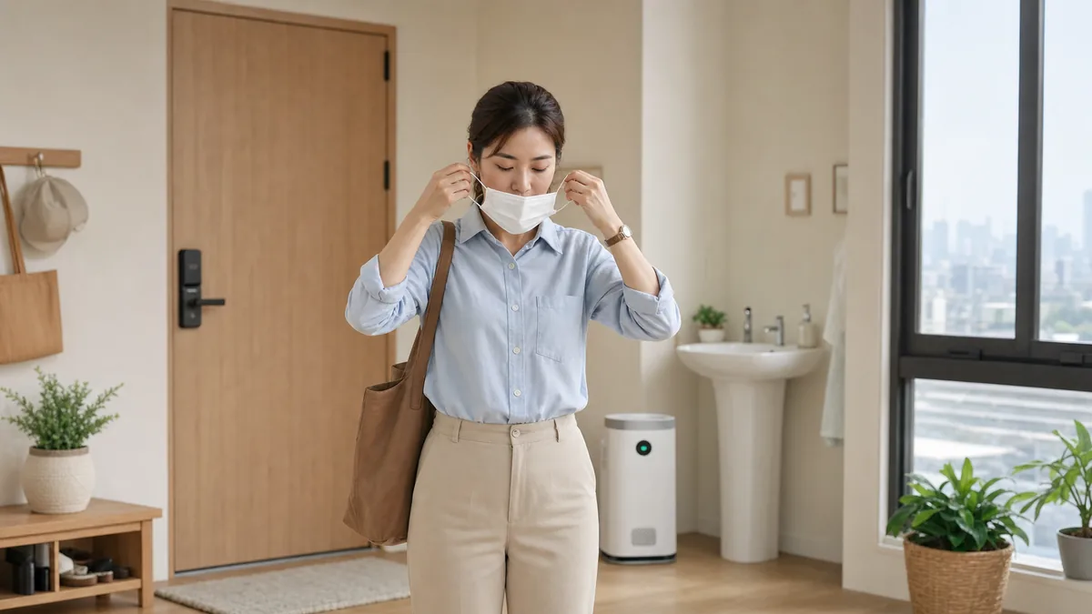 ผู้หญิงกลับถึงบ้านและถอดหน้ากากอย่างระมัดระวังในวันที่มีฝุ่น PM2.5
