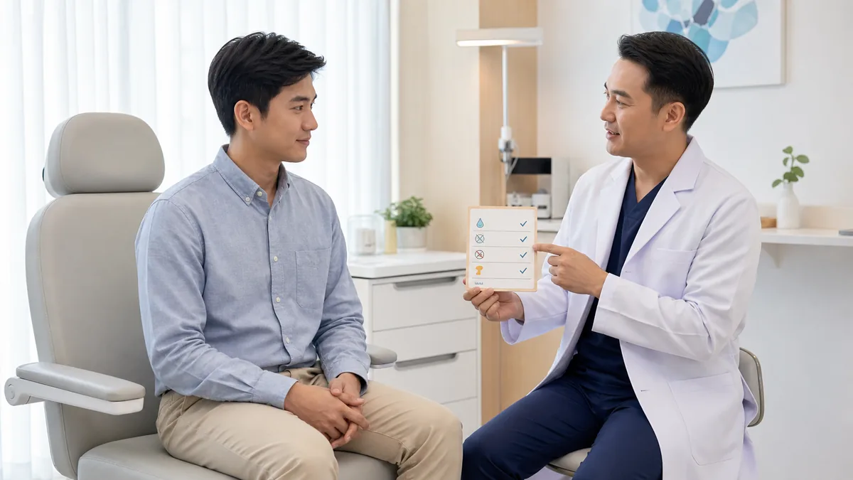 แพทย์อธิบายแนวทางดูแลตนเองแก่ผู้รับบริการหลังหัตถการในห้องตรวจ