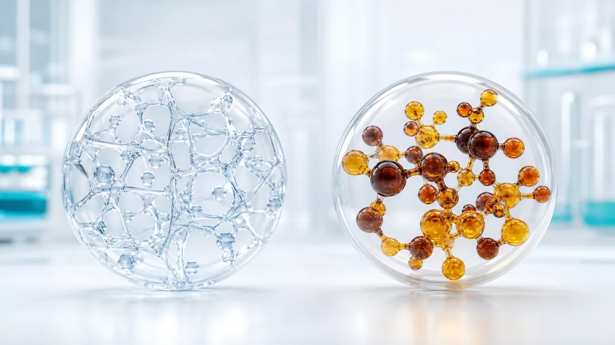ภาพเปรียบเทียบโครงข่ายพอลิเมอร์ใสกับกลุ่มโมเลกุลสีอำพันที่แยกจากกัน